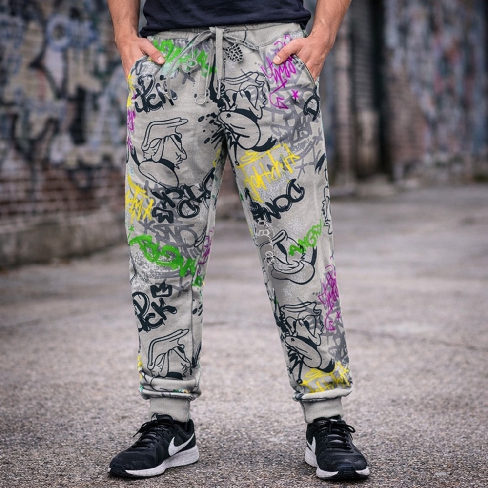 Disney Parks Donald Duck Graffiti‎ Joggers Mens XL Gray Neon Sweatpants NEW